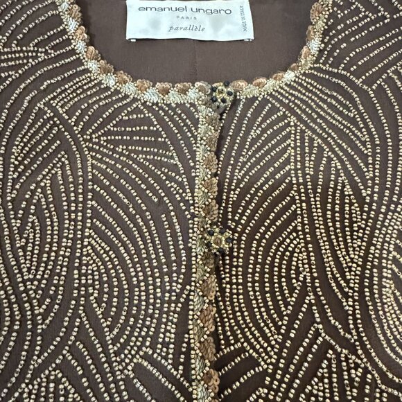 Vintage Emanuel Ungaro Brown Beaded Suit Blazer & Skirt Long Sleeve Lined Size S - Picture 2 of 11
